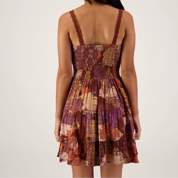 Angie Twist Front Patchwork Print Flowy Mini Dress Size L Boho Festival Hippie - Picture 2 of 12